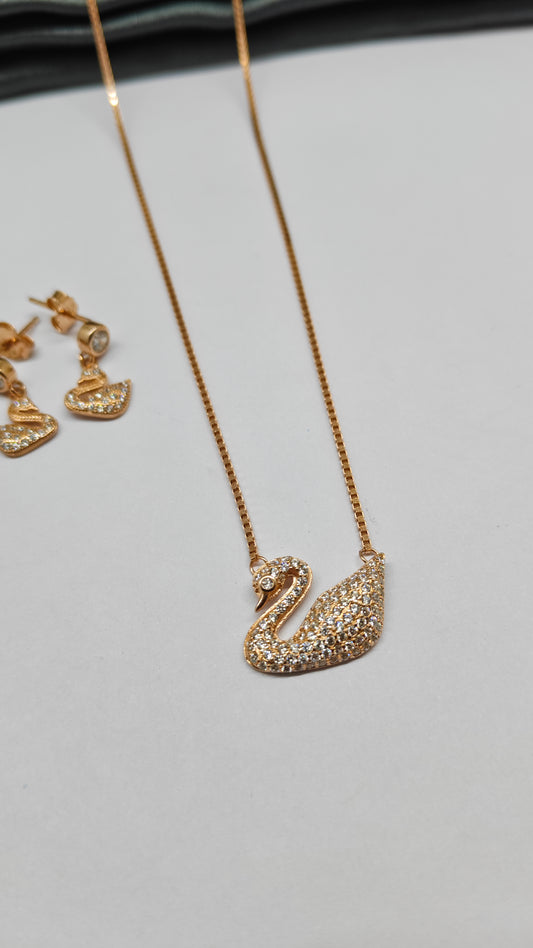 925 Silver Rose Gold Colour White Stone Swan Design Necklace Set