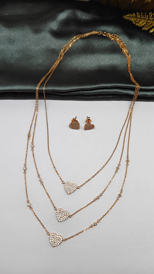 925 Silver Rose Gold Colour White Stone 3 Layer Heart Hanging Design Necklace Set