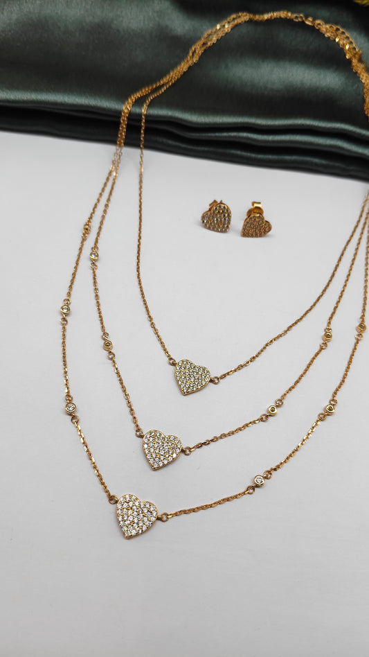 925 Silver Rose Gold Colour White Stone 3 Layer Heart Hanging Design Necklace Set