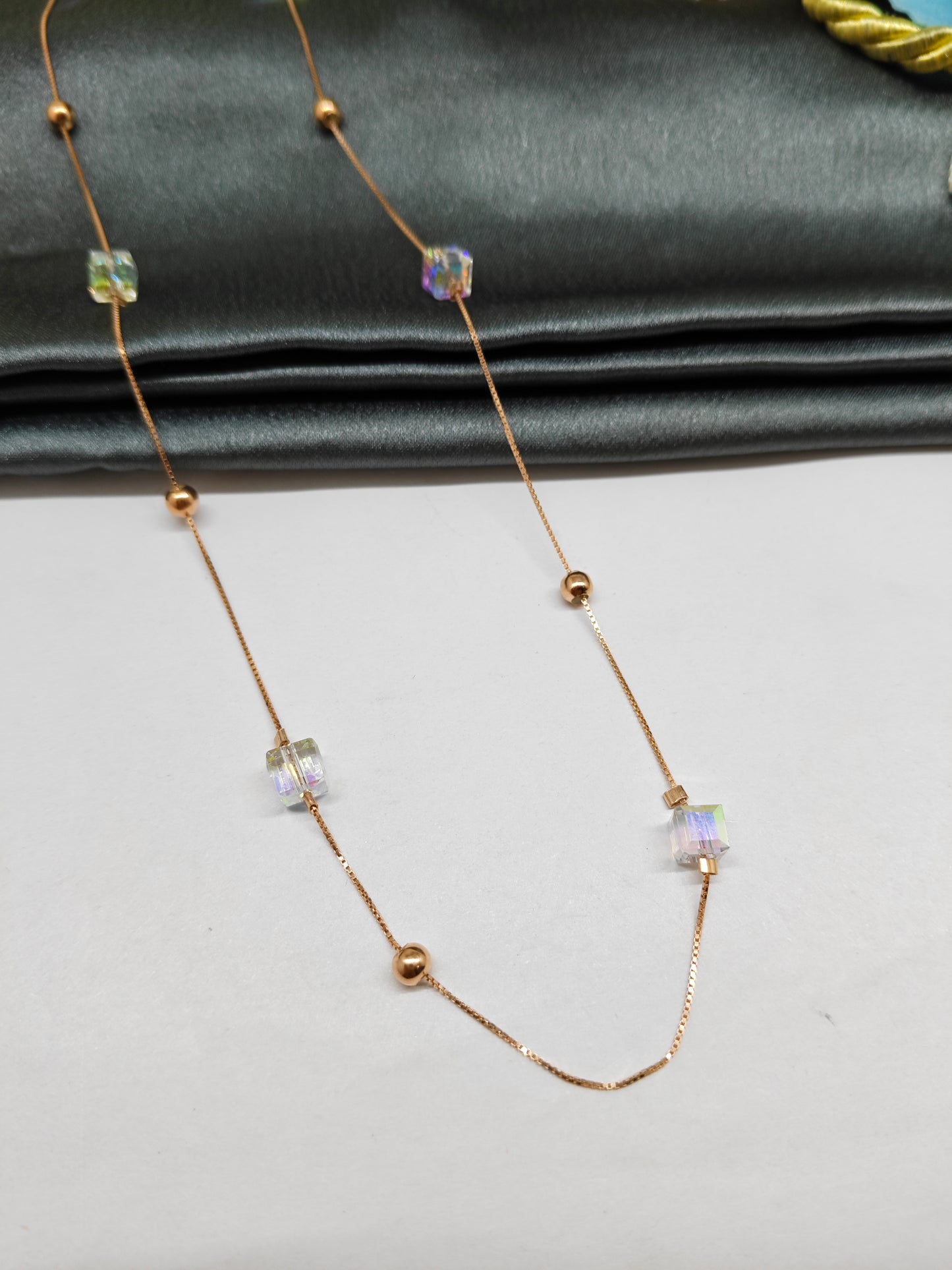 925 Silver Rose Gold Colour Square Swarovski Stone With Balls Design Short Chain