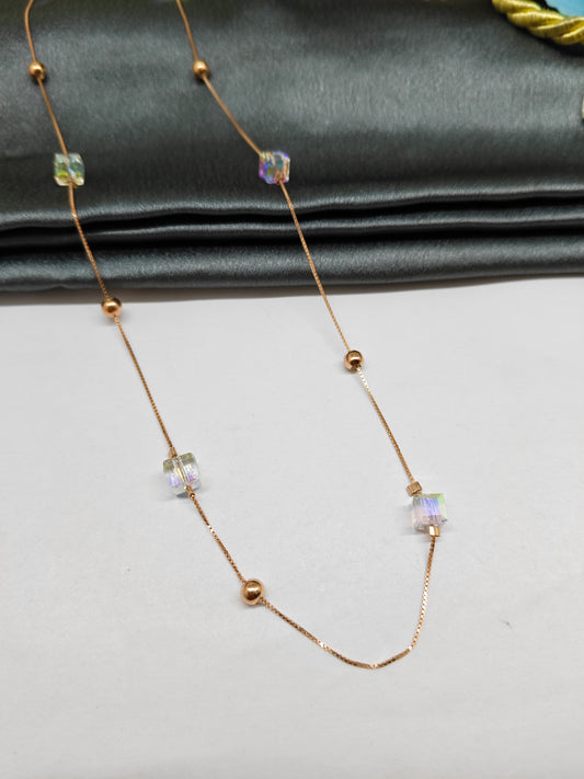 925 Silver Rose Gold Colour Square Swarovski Stone With Balls Design Short Chain