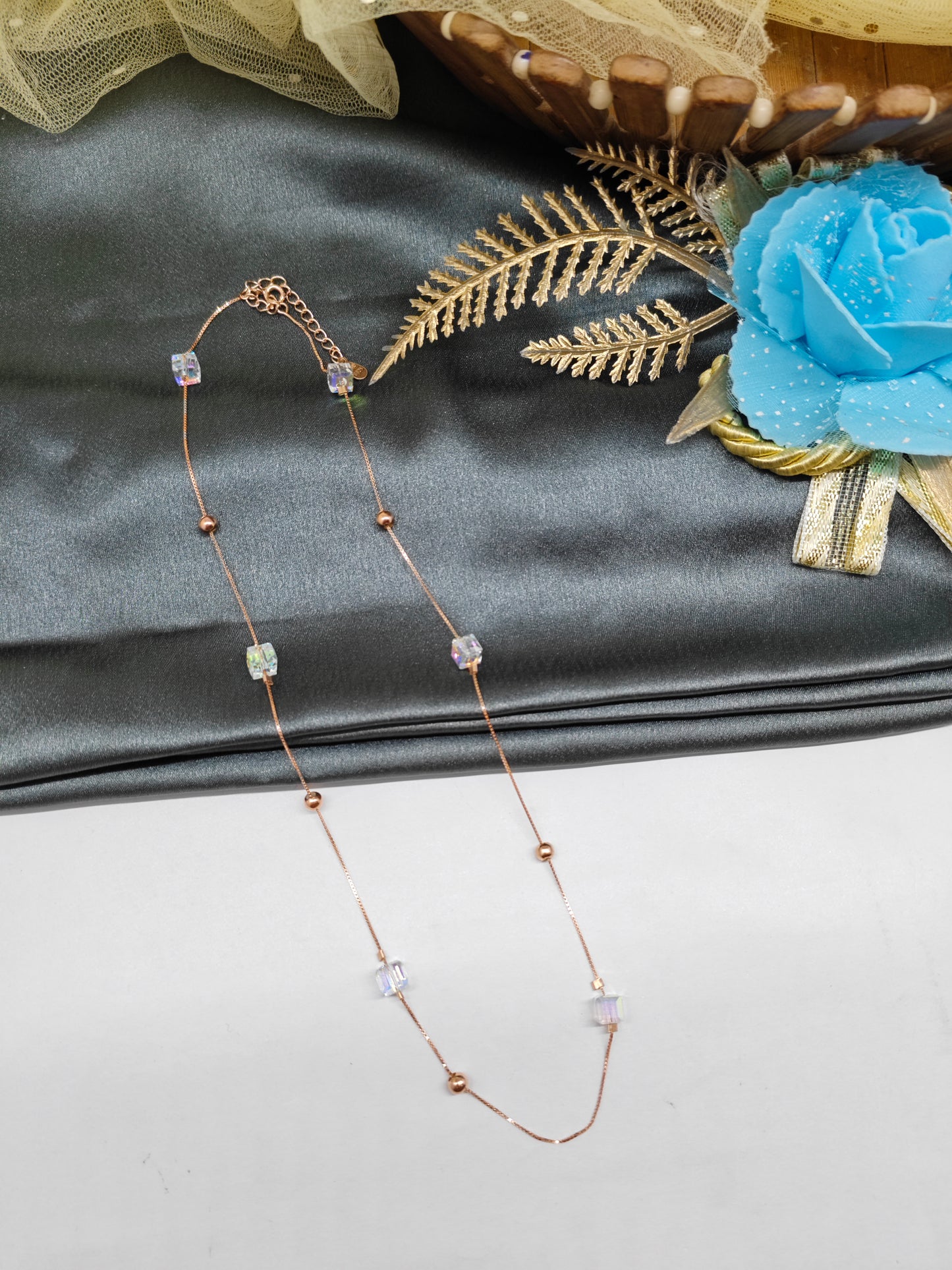 925 Silver Rose Gold Colour Square Swarovski Stone With Balls Design Short Chain