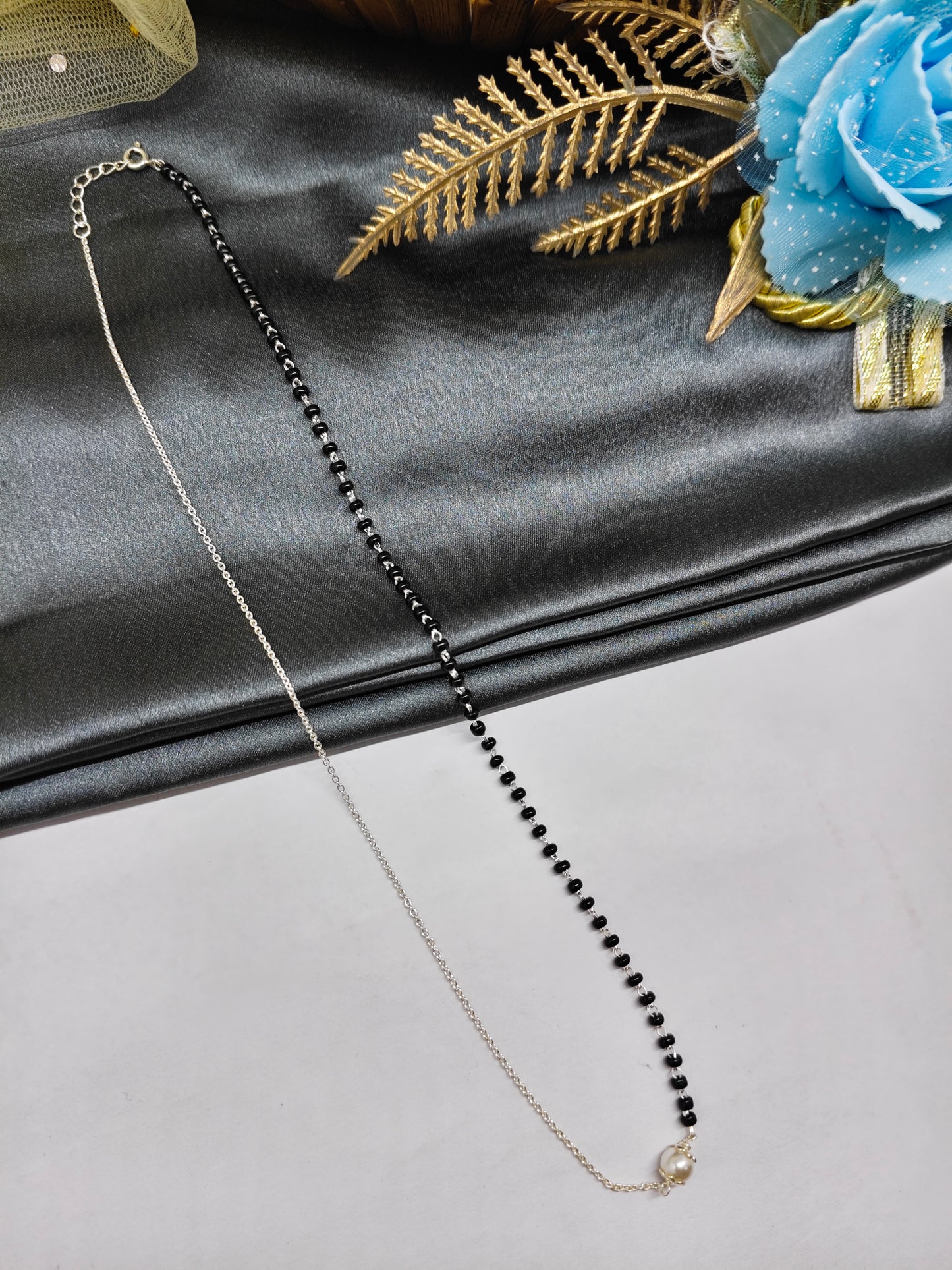 925 Silver Pearl With Single Side Black Beads Mangalsutra Design Chain