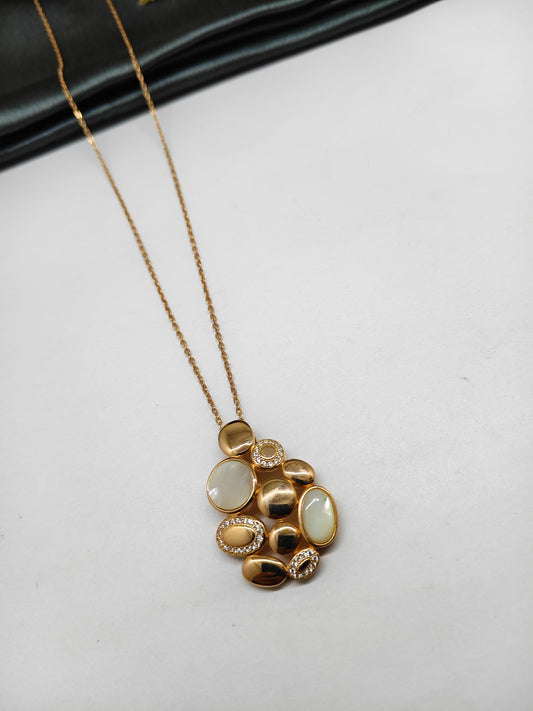 925 Silver Rose Gold Colour MOP Design White Stone Chain Pendant