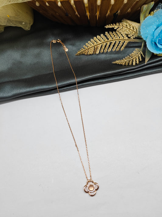 925 Silver Rose Gold Colour Enamel Design With White Stone Chain Pendant