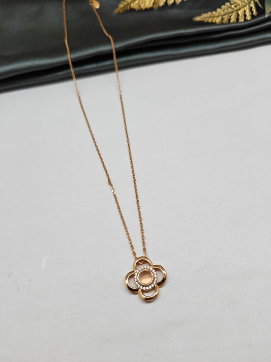 925 Silver Rose Gold Colour Enamel Design With White Stone Chain Pendant