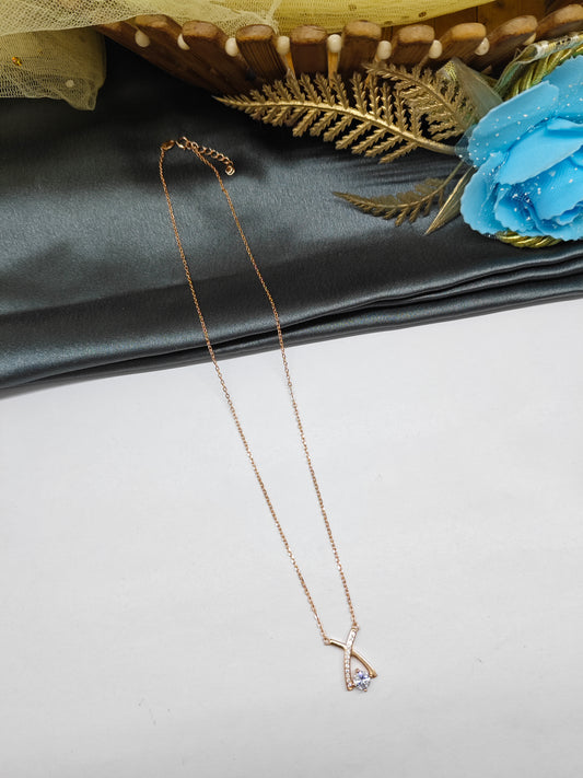 925 Silver Rose Gold Colour X Design White Stone Chain Pendant