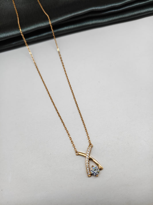925 Silver Rose Gold Colour X Design White Stone Chain Pendant