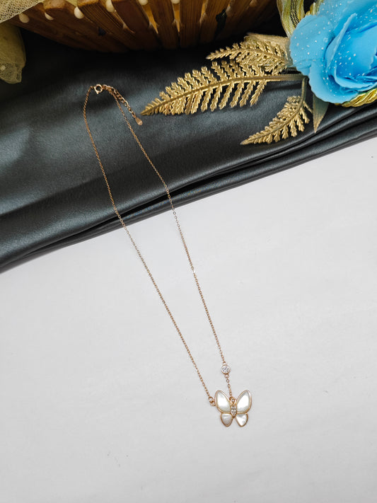 925 Silver Rose Gold Colour White Enamel Butterfly Design Chain Pendant