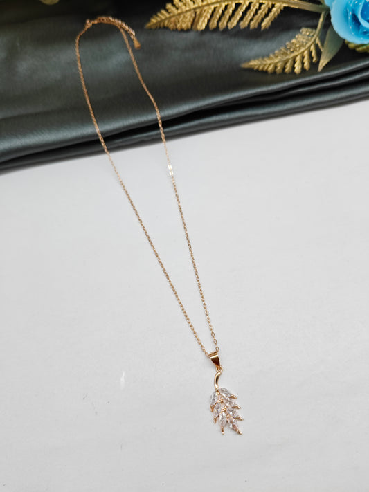 925 Silver Rose Gold Colour Leaf Design White Stone Chain With Pendant