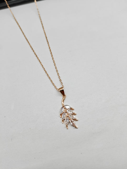 925 Silver Rose Gold Colour Leaf Design White Stone Chain With Pendant