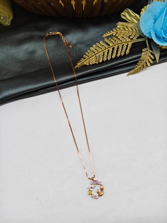 925 Silver Rose Gold Colour Multi Colour Stone Leaf Design Chain With Pendant