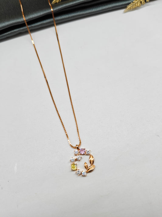 925 Silver Rose Gold Colour Multi Colour Stone Leaf Design Chain With Pendant