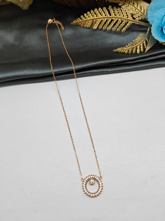 925 Silver Rose Gold Colour Round Design White Stone Chain Pendant