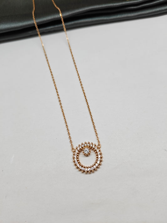 925 Silver Rose Gold Colour Round Design White Stone Chain Pendant