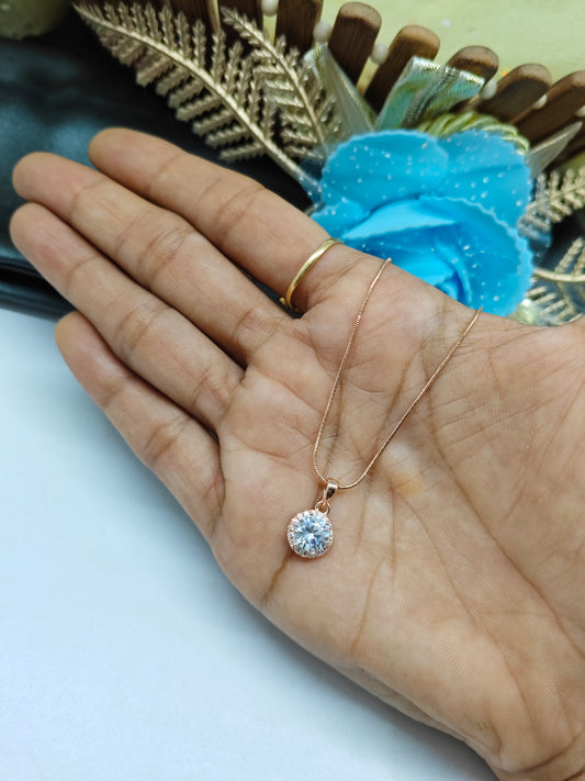 925 Silver Rose Gold Colour Solitaire Design White Stone Chain With Pendant