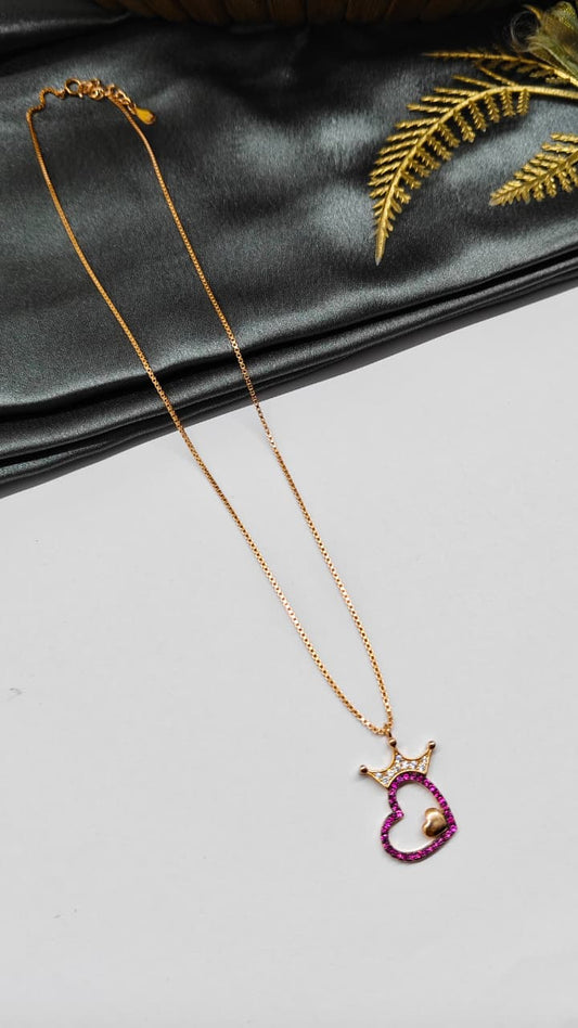 925 Silver Rose Gold Colour Red Heart Design White Stone Chain With Pendant