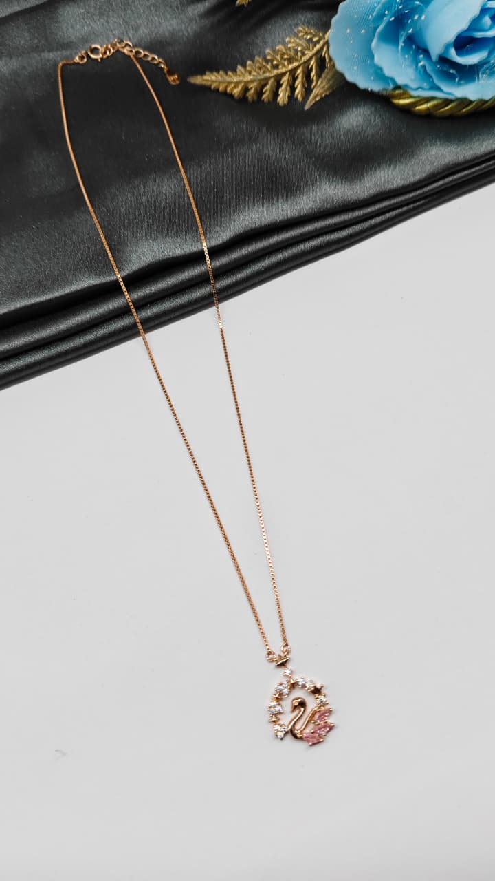 925 Silver Rose Gold Colour Swan Design Pink With White Stone Chain With Pendant