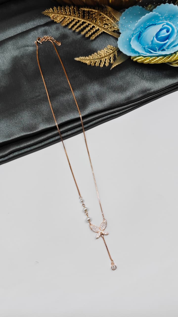 925 Silver Rose Gold Colour Pearl With Butterfly Design White Stone Chain With Pendant