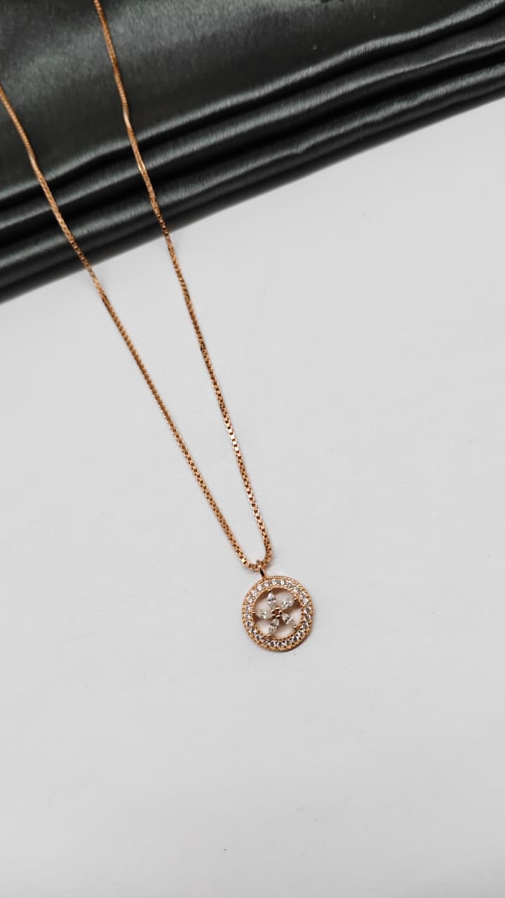 925 Silver Rose Gold Colour Round Star Design White Stone Chain With Pendant