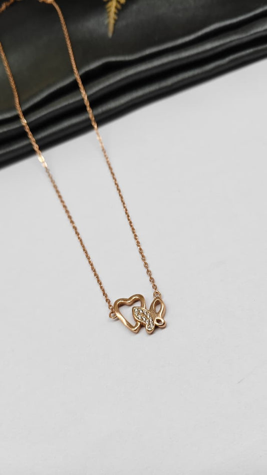 925 Silver Rose Gold Colour Heart With Butterfly Design White Stone Chain Pendant