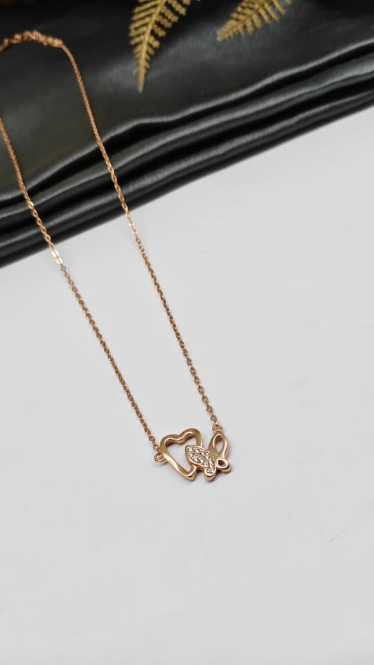 925 Silver Rose Gold Colour Heart With Butterfly Design White Stone Chain Pendant