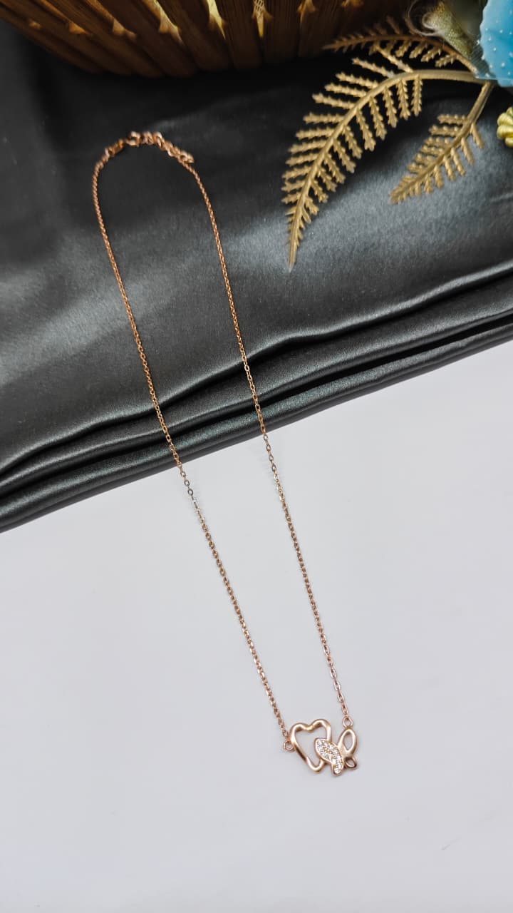 925 Silver Rose Gold Colour Heart With Butterfly Design White Stone Chain Pendant