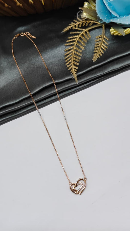 925 Silver Rose Gold Colour Double Heart Design White Stone Chain Pendant