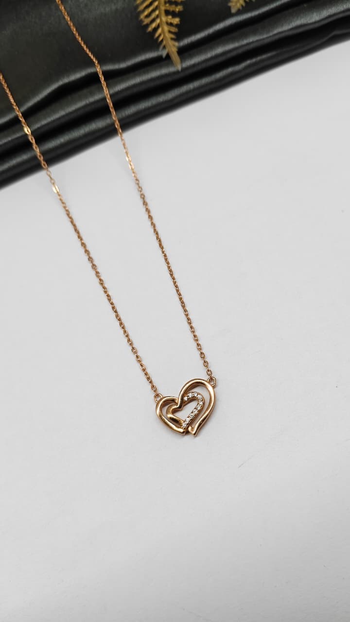 925 Silver Rose Gold Colour Double Heart Design White Stone Chain Pendant