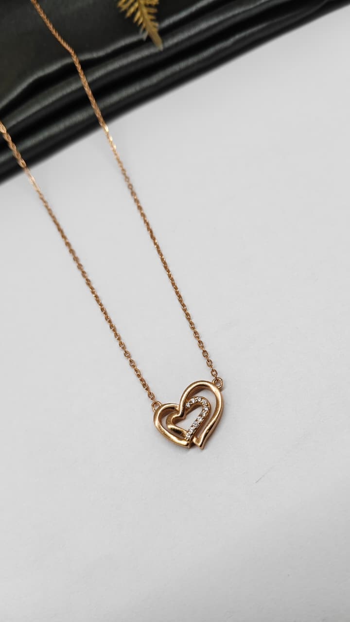 925 Silver Rose Gold Colour Double Heart Design White Stone Chain Pendant