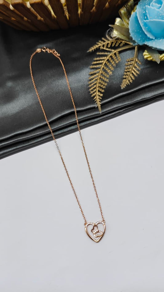 925 Silver Rose Gold Colour Butterfly Inside Heart Design White Stone Chain Pendant