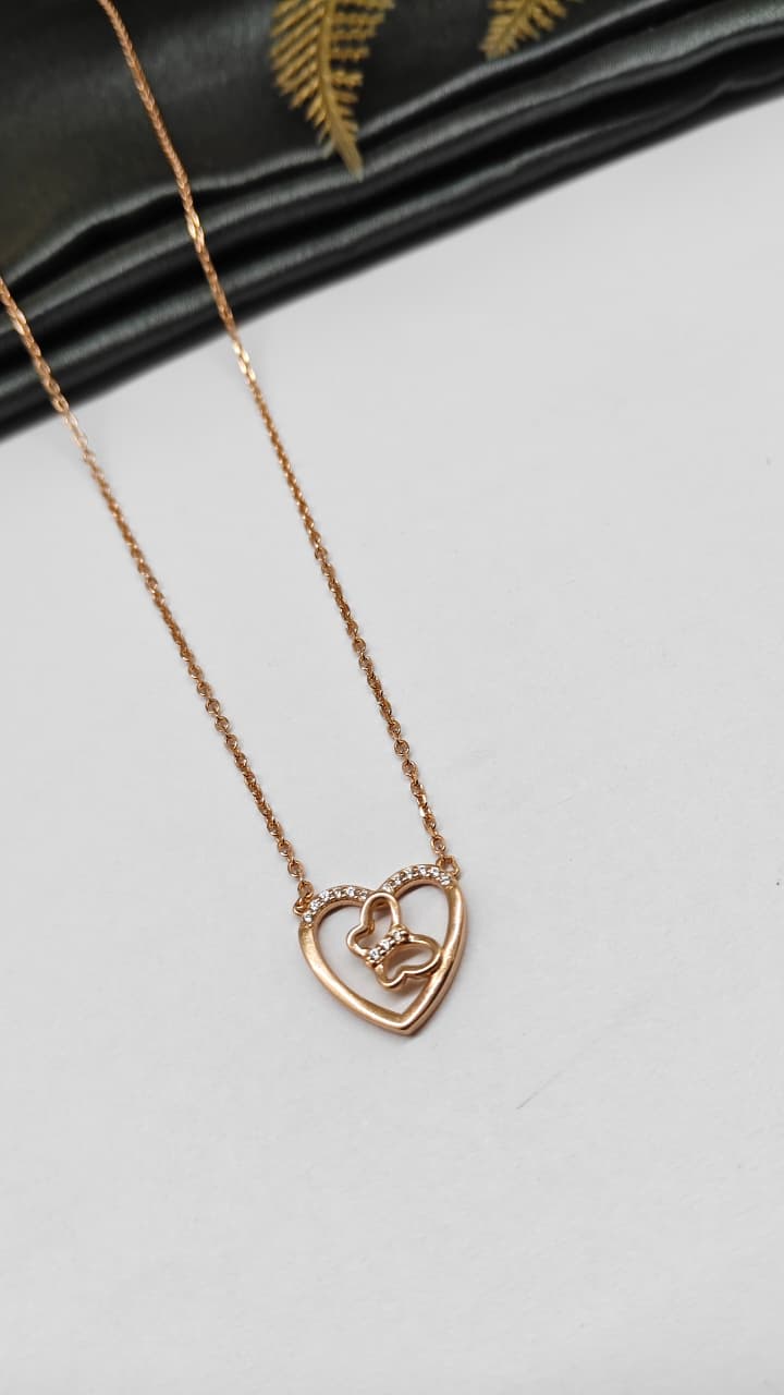 925 Silver Rose Gold Colour Butterfly Inside Heart Design White Stone Chain Pendant