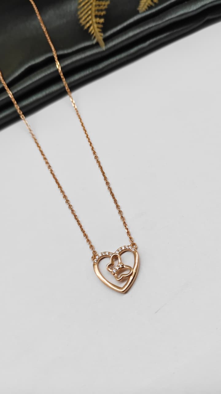 925 Silver Rose Gold Colour Butterfly Inside Heart Design White Stone Chain Pendant