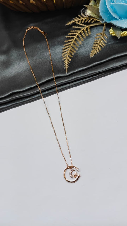 925 Silver Rose Gold Colour Moon Star Design White Stone Chain Pendant