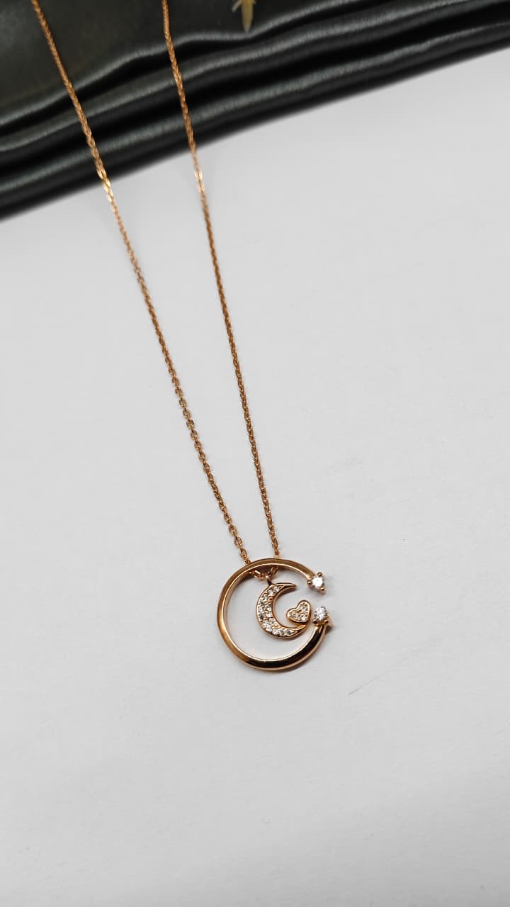 925 Silver Rose Gold Colour Moon Star Design White Stone Chain Pendant