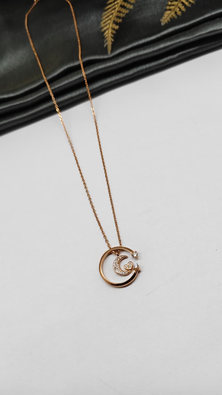 925 Silver Rose Gold Colour Moon Star Design White Stone Chain Pendant