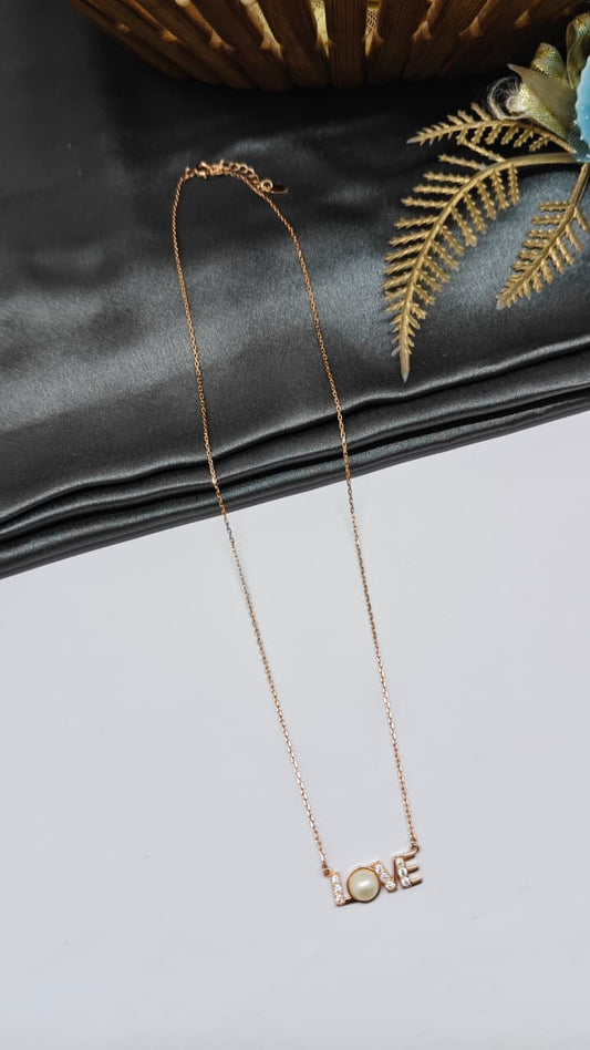 925 Silver Rose Gold Colour Pearl With Love Design White Stone Chain Pendant