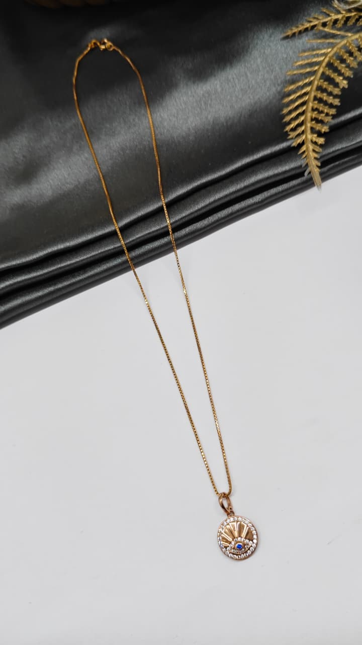925 Silver Rose Gold Colour Round Design 1 Blue Stone With White Stone Chain Pendant