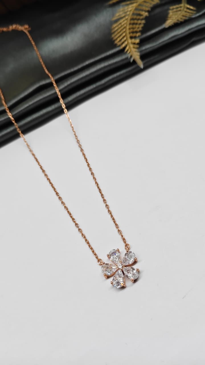 925 Silver Rose Gold Colour Flower Design White Stone Chain Pendant