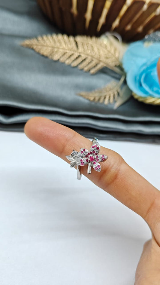 925 Silver Adjustable White Stone With Red Stone Rotating Flower Design Ladies Ring