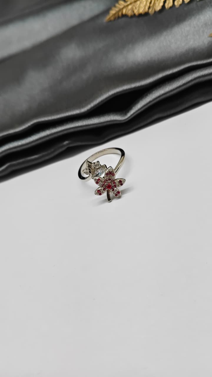 925 Silver Adjustable White Stone With Red Stone Rotating Flower Design Ladies Ring