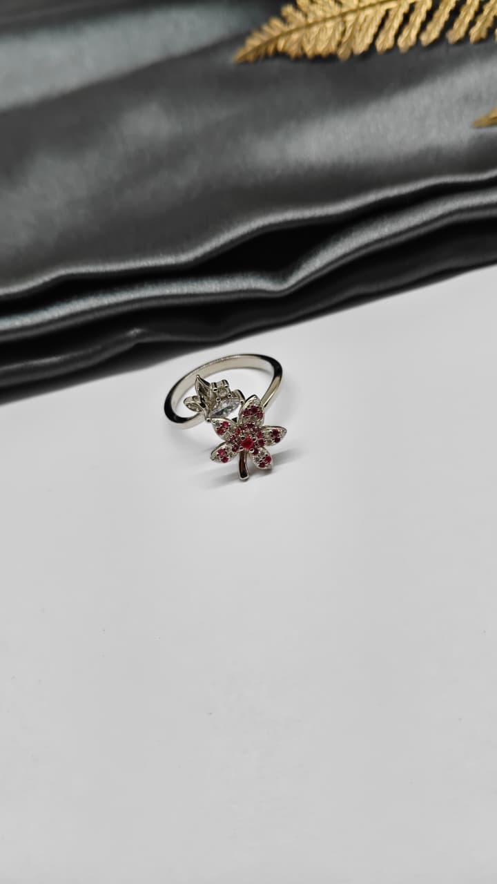 925 Silver Adjustable White Stone With Red Stone Rotating Flower Design Ladies Ring