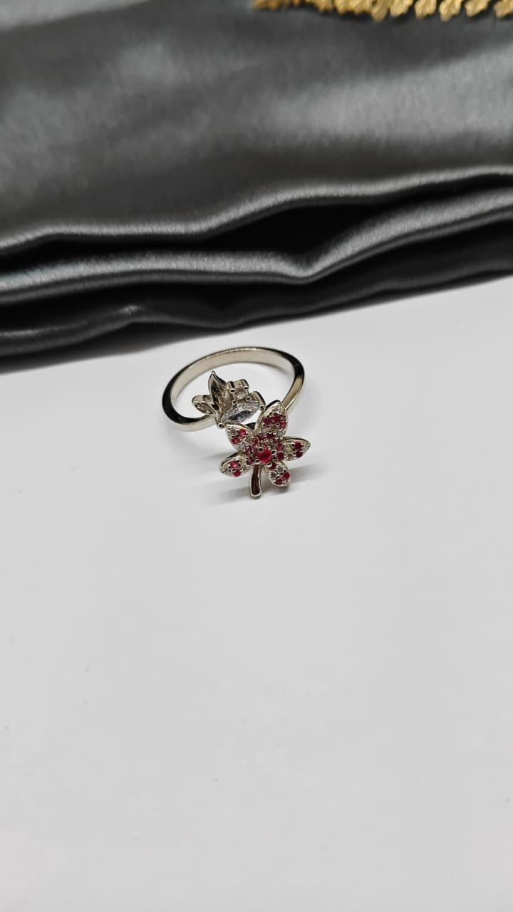 925 Silver Adjustable White Stone With Red Stone Rotating Flower Design Ladies Ring