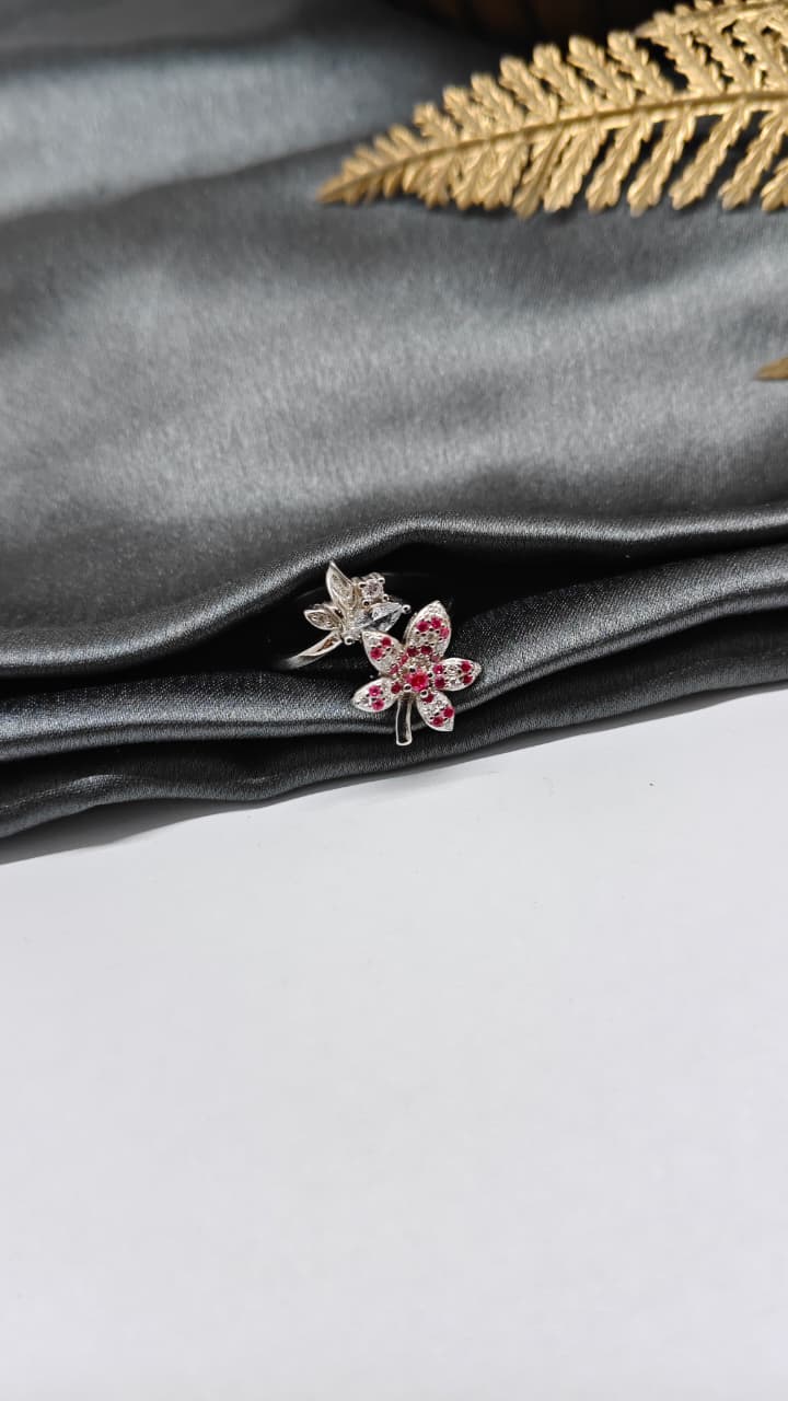 925 Silver Adjustable White Stone With Red Stone Rotating Flower Design Ladies Ring