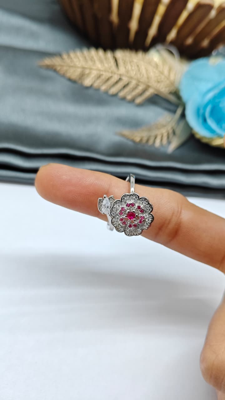 925 Silver Adjustable White Stone With Red Stone Rotating Flower Design Ladies Ring