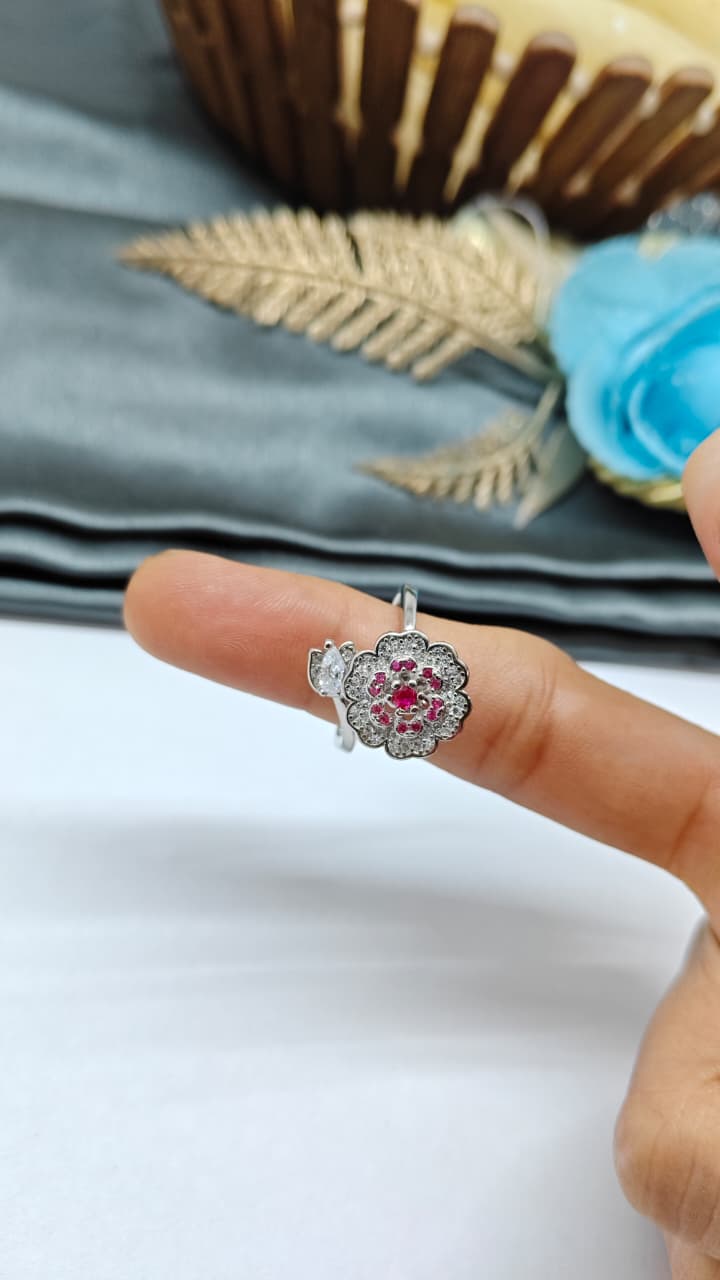 925 Silver Adjustable White Stone With Red Stone Rotating Flower Design Ladies Ring