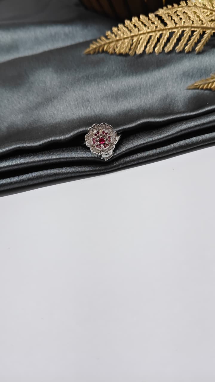 925 Silver Adjustable White Stone With Red Stone Rotating Flower Design Ladies Ring