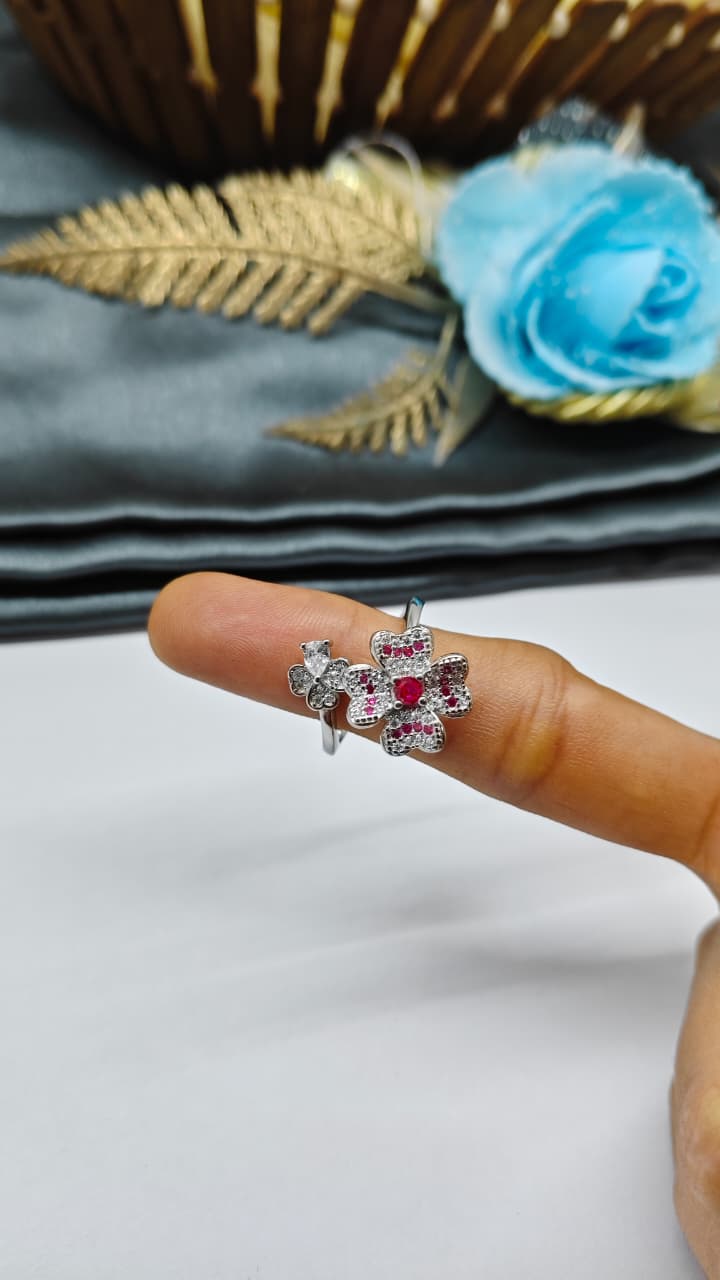 925 Silver Adjustable White Stone With Red Stone Rotating Flower Design Ladies Ring