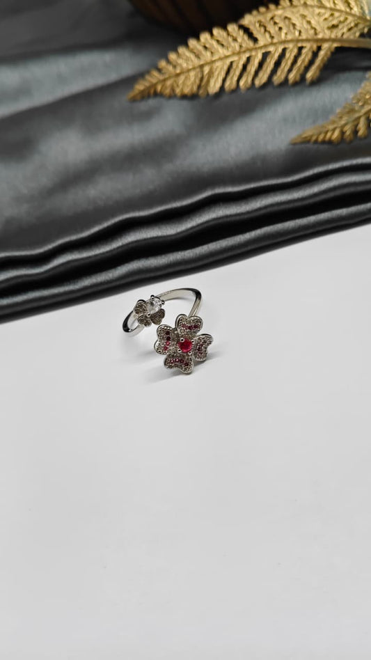 925 Silver Adjustable White Stone With Red Stone Rotating Flower Design Ladies Ring