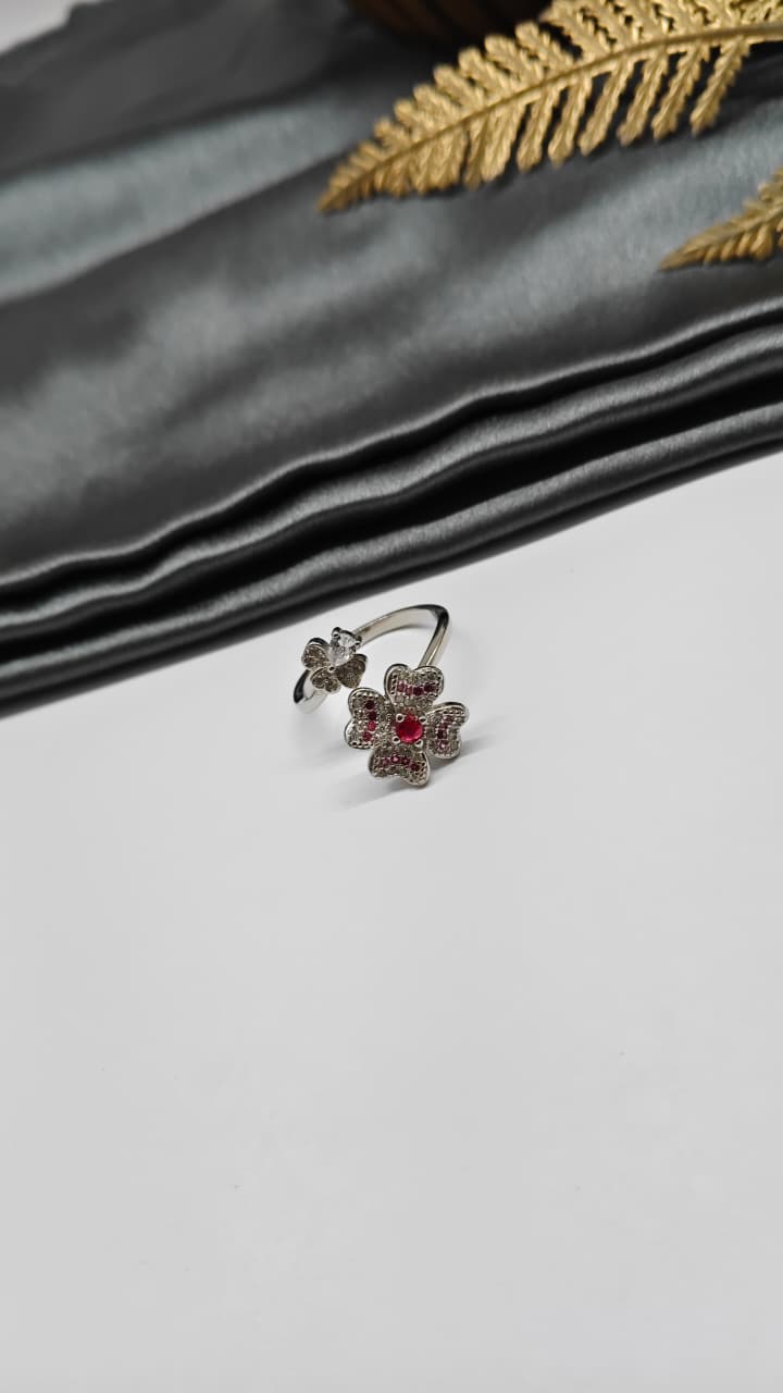 925 Silver Adjustable White Stone With Red Stone Rotating Flower Design Ladies Ring